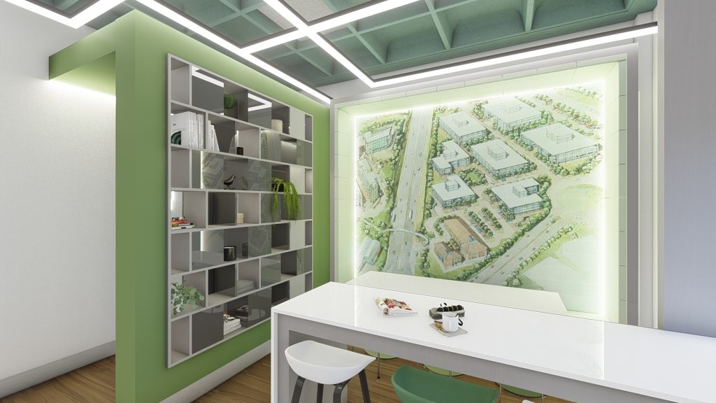 Imagem tridimensional apresentando o conceito de detalhe e grafismo no projeto Acacia Point, localizado em Oeiras, Portugal.