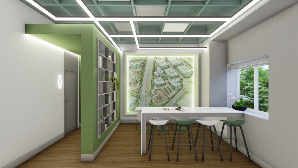 Imagem tridimensional apresentando o conceito de balcão e acesso wc no projeto Acacia Point, localizado em Oeiras, Portugal.