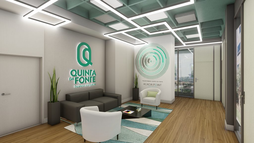 Imagem tridimensional apresentando o conceito de área lounge no projeto Acacia Point, localizado em Oeiras, Portugal.