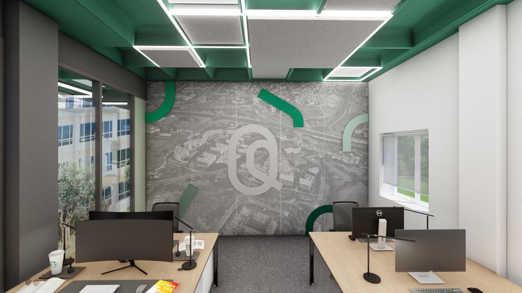 Imagem tridimensional apresentando o conceito de escritório e grafismo no projeto Acacia Point, localizado em Oeiras, Portugal.