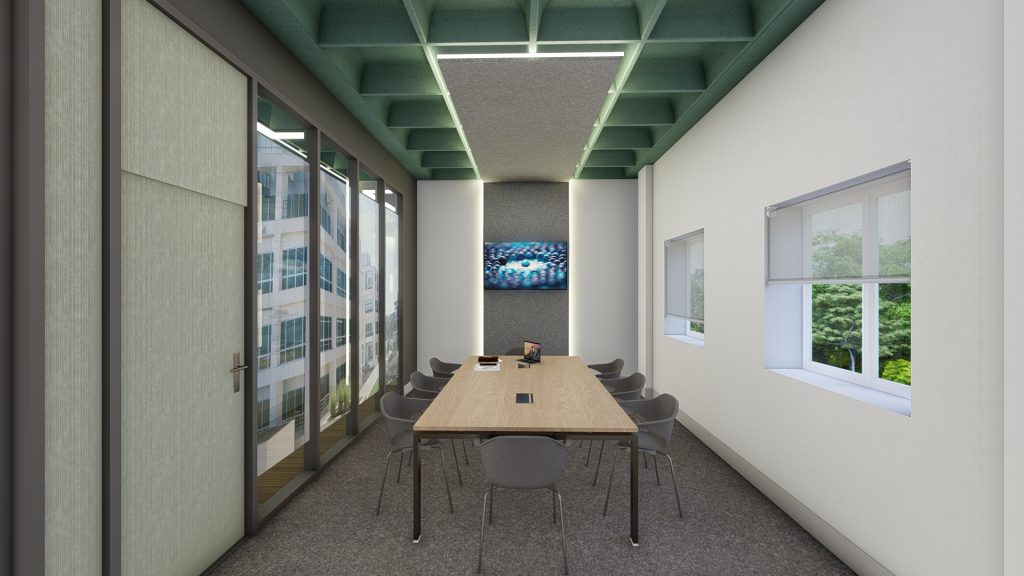 Imagem tridimensional apresentando o conceito de sala de reunião no projeto Acacia Point, localizado em Oeiras, Portugal.