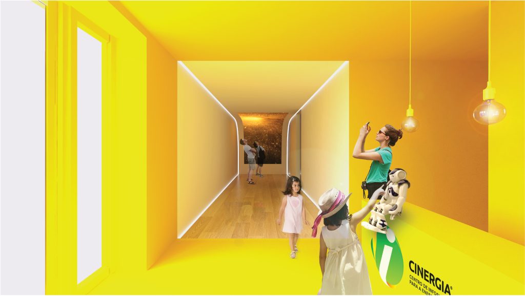 Imagem tridimensional apresentando o Hall de entrada, acessos no projeto Adene, localizado em Lisboa, Portugal.