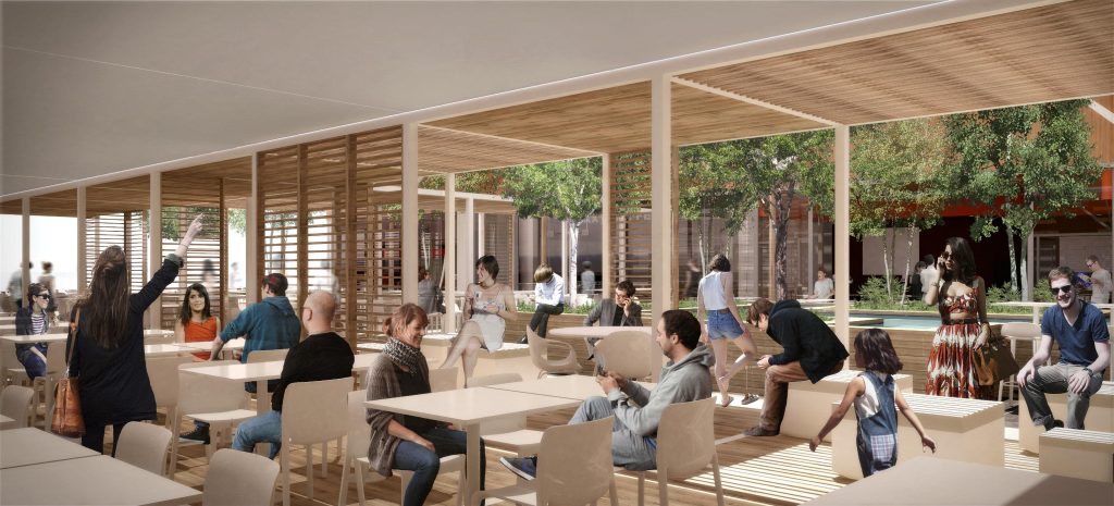 Espaço interno do foodcourt com acabamentos em madeira e vidro.