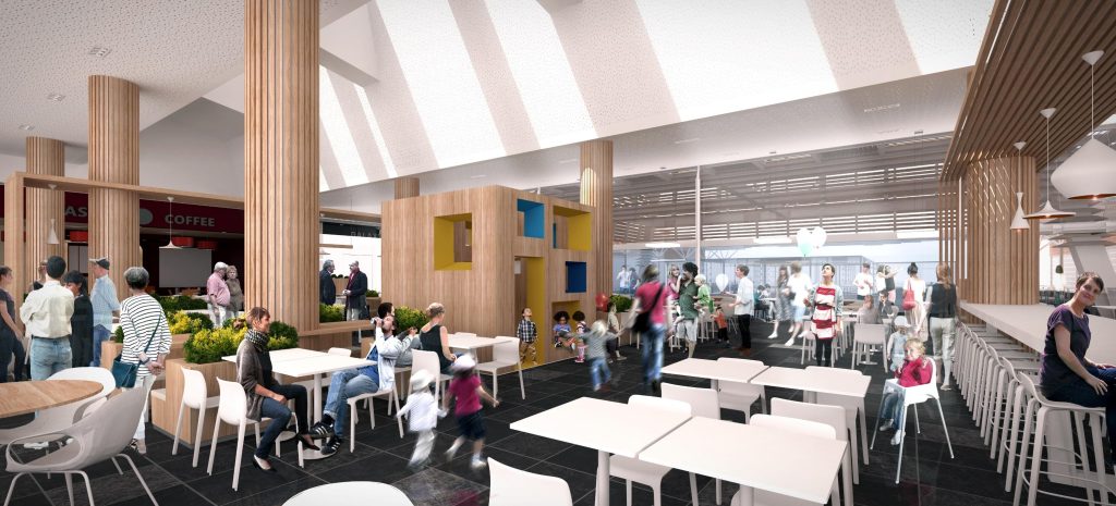 Imagem da circulação interna do foodcourt no Aqua Portimão Shopping.