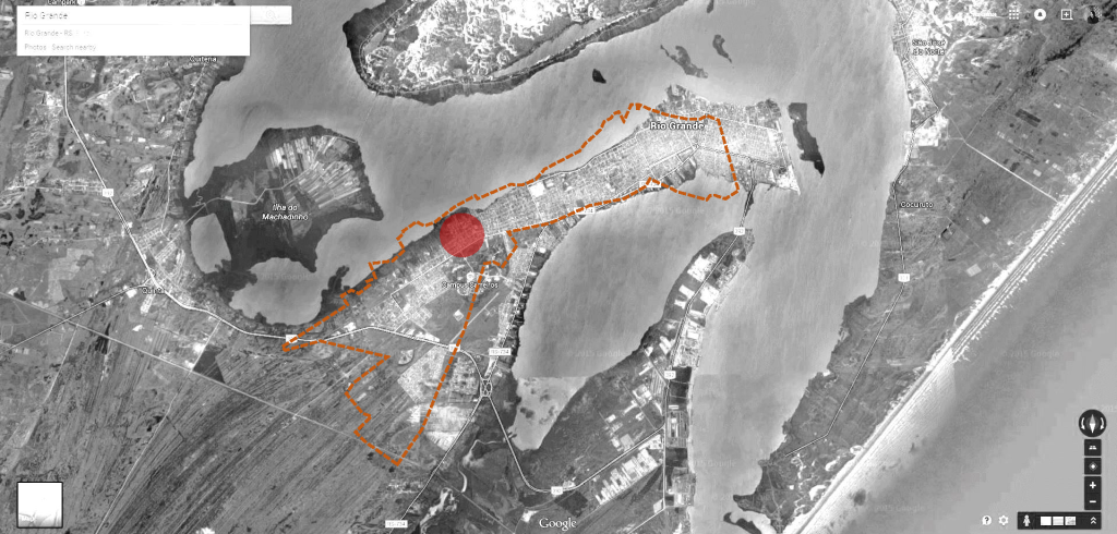 Diagrama apresentando a Localização e contexto urbano no projeto Arquibancada Jockey Club, localizado em Rio Grande do Sul, Brasil.
