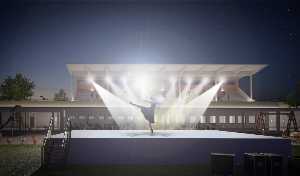 Imagem tridimensional apresentando a Simulação de evento de dança no projeto Arquibancada Jockey Club, localizado em Rio Grande do Sul, Brasil.