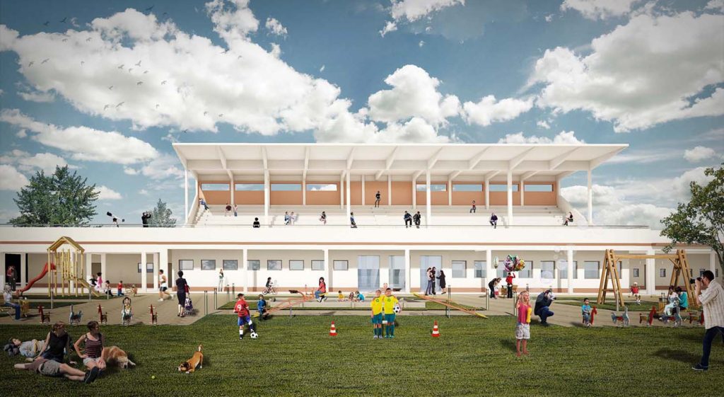 Imagem tridimensional apresentando a Simulação das tribunas no projeto Arquibancada Jockey Club, localizado em Rio Grande do Sul, Brasil.