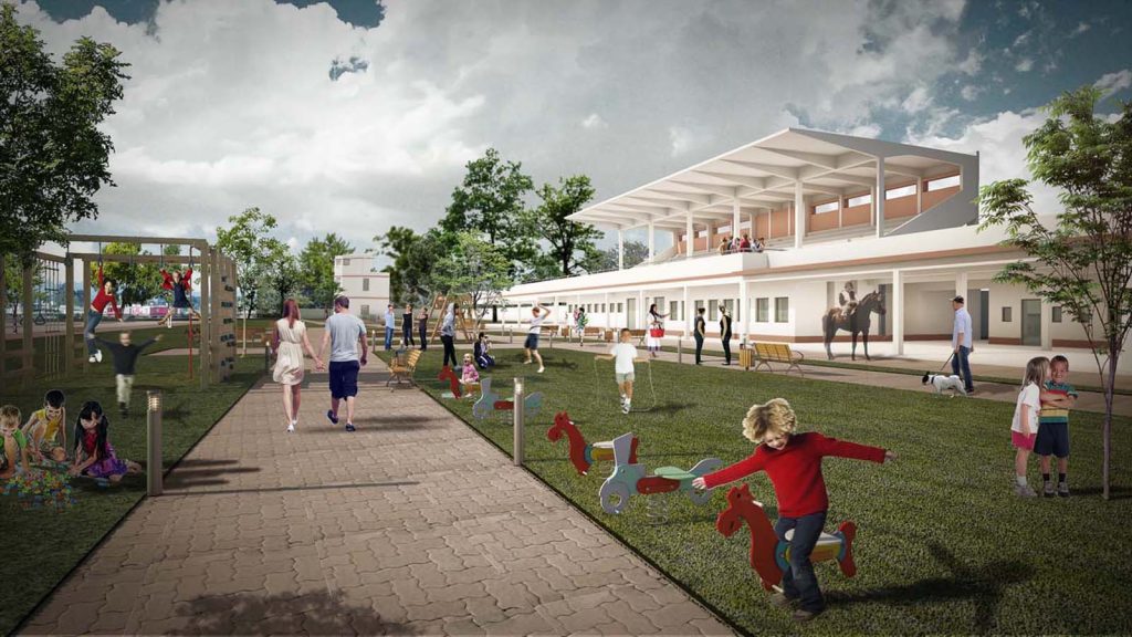 Imagem tridimensional apresentando a Simulação das tribunas e jardim no projeto Arquibancada Jockey Club, localizado em Rio Grande do Sul, Brasil.