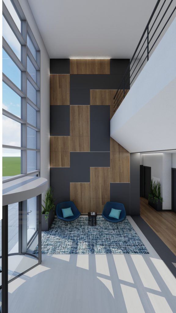 Imagem tridimensional apresentando o conceito de Área de espera, lounge no projeto Ayvens, localizado em Oeiras, Portugal.
