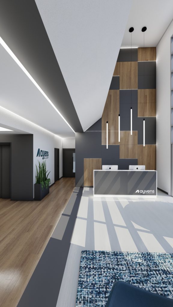 Imagem tridimensional apresentando o conceito de Recepção no projeto Ayvens, localizado em Oeiras, Portugal.