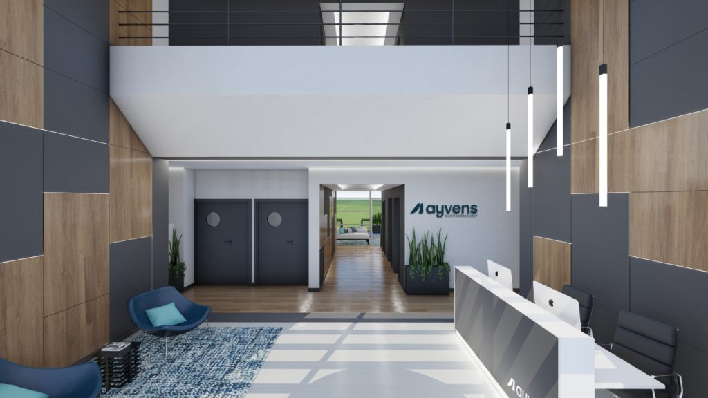Imagem tridimensional apresentando o conceito de Vista global da recepção no projeto Ayvens, localizado em Oeiras, Portugal.