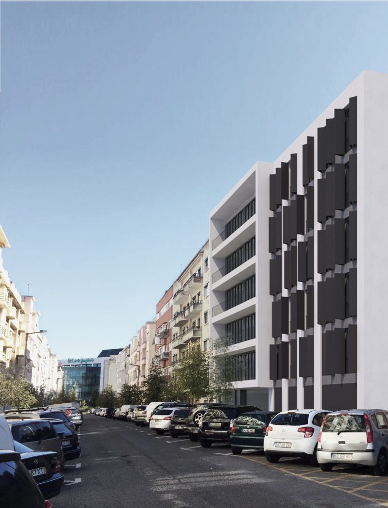 Imagem tridimensional apresentando a Proposta da fachada no contexto urbano no projeto Bairro Azul, localizado em Lisboa, Portugal.