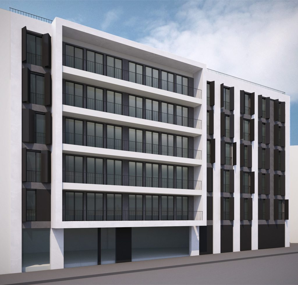 Imagem tridimensional apresentando a Fachada principal, materiais e cores no projeto Bairro Azul, localizado em Lisboa, Portugal.