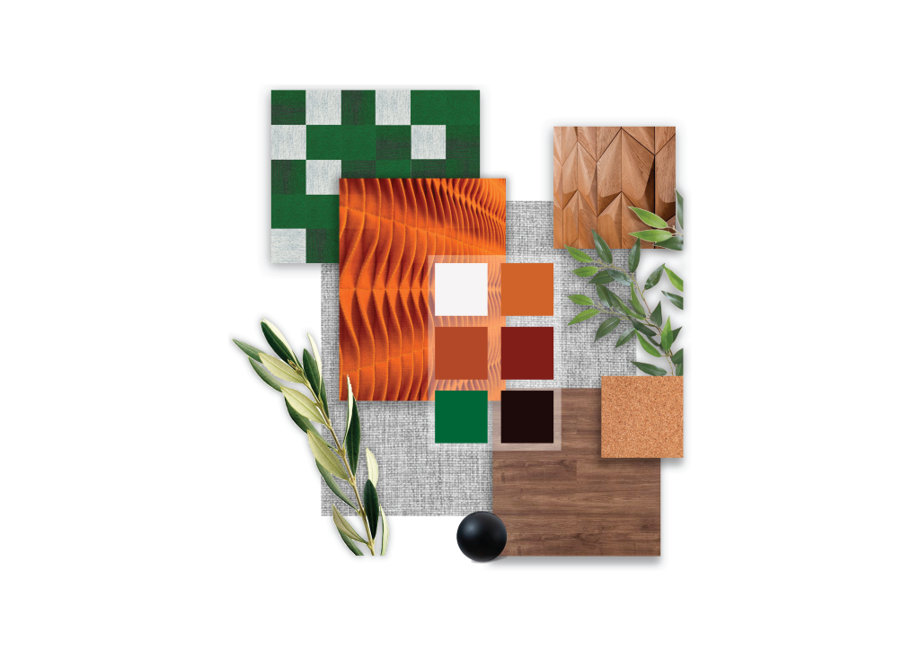 Diagrama apresentando o conceito de moodboard, cores e materiais no projeto Sede Banco Primus, localizado em Oeiras, Portugal.