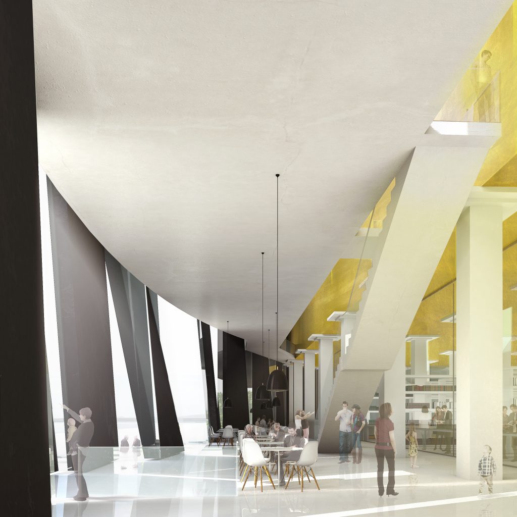 Imagem tridimensional apresentando o Café no projeto Anexo da Biblioteca Nacional, localizado em Rio de Janeiro, Brasil.