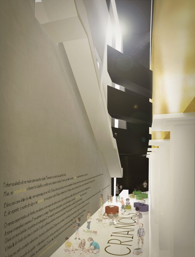 Imagem tridimensional apresentando o Espaço criança no projeto Anexo da Biblioteca Nacional, localizado em Rio de Janeiro, Brasil.