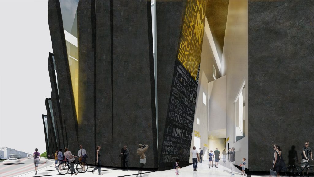 Imagem tridimensional apresentando o Entrada principal no projeto Anexo da Biblioteca Nacional, localizado em Rio de Janeiro, Brasil.