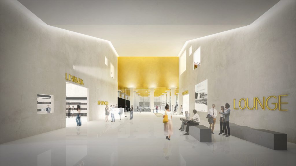 Imagem tridimensional apresentando o Entrada e área lounge no projeto Anexo da Biblioteca Nacional, localizado em Rio de Janeiro, Brasil.