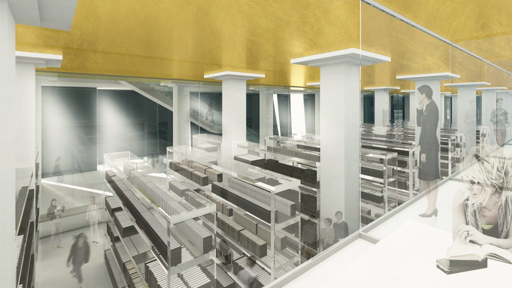 Imagem tridimensional apresentando o Área de mezanino no projeto Anexo da Biblioteca Nacional, localizado em Rio de Janeiro, Brasil.