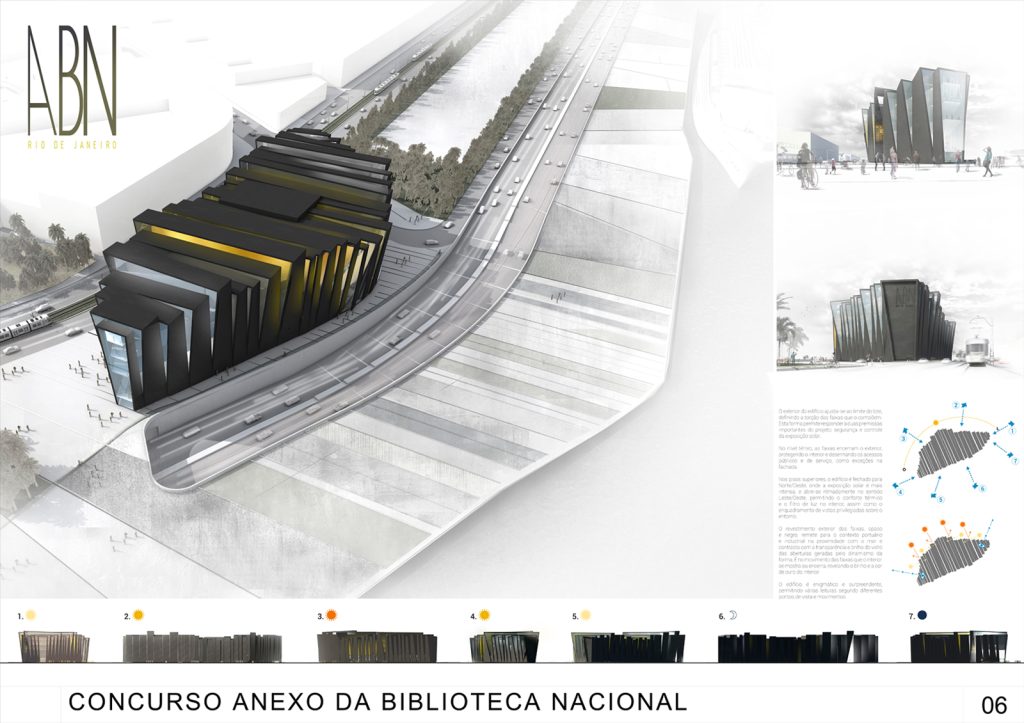 Prancha apresentando o Imagens tridimensionais da proposta exterior e volumetria no projeto Anexo da Biblioteca Nacional, localizado em Rio de Janeiro, Brasil.