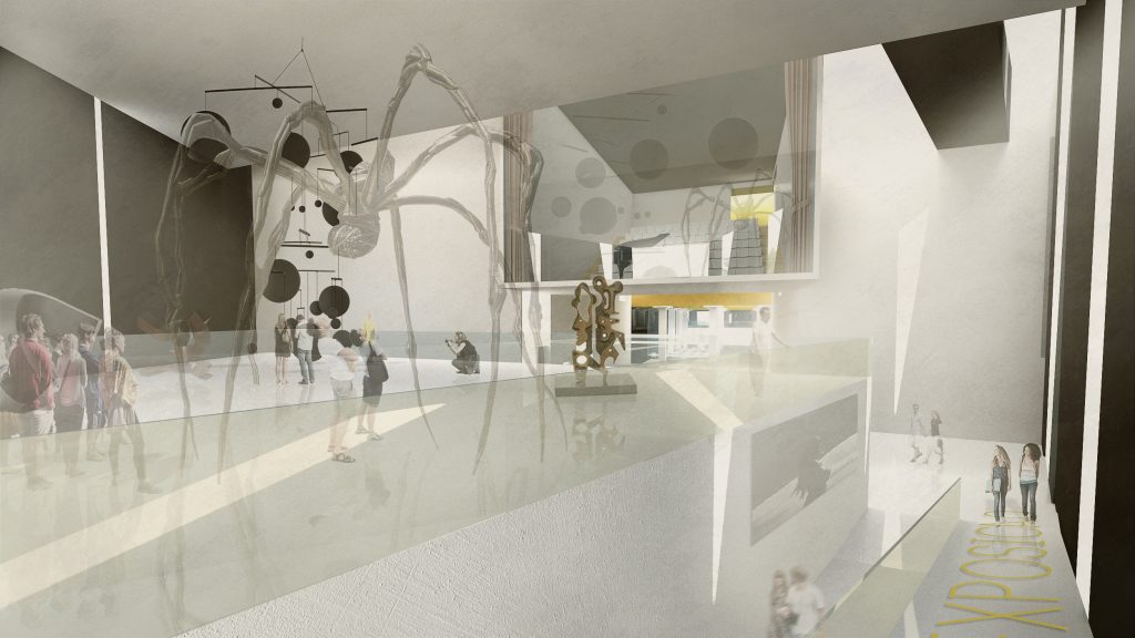 Imagem tridimensional apresentando o Área de exposições no projeto Anexo da Biblioteca Nacional, localizado em Rio de Janeiro, Brasil.