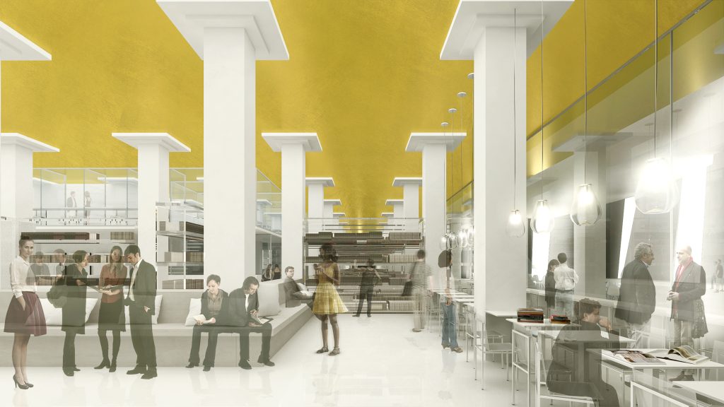 Imagem tridimensional apresentando o Sala de leitura no projeto Anexo da Biblioteca Nacional, localizado em Rio de Janeiro, Brasil.