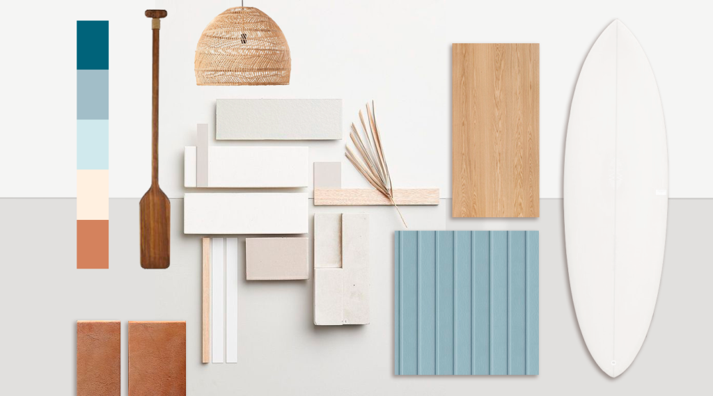 Diagrama apresentando o Moodboard, estudo de materiais, texturas e cores no projeto Casas da Costa, localizado em Almada, Portugal.