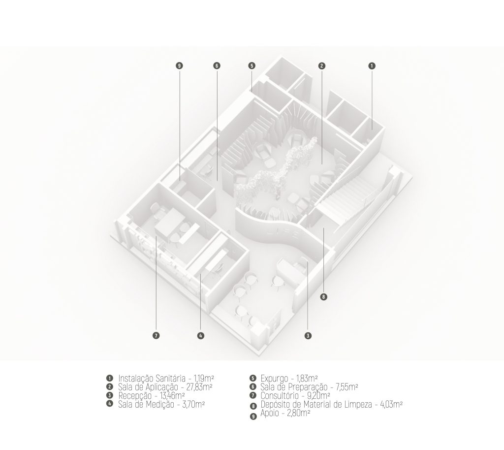 Axonometria apresentando a Disposição dos espaços e design no projeto Clínica Life, localizado em Alagoas, Brasil.