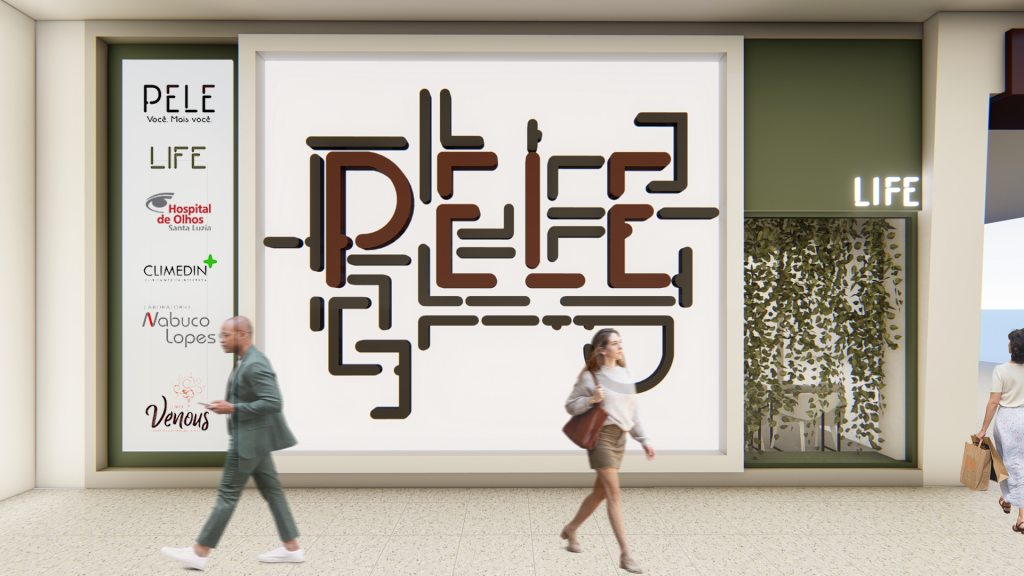 Imagem tridimensional apresentando o Grafismo da montra da clínica no projeto Clínica Life, localizado em Alagoas, Brasil.