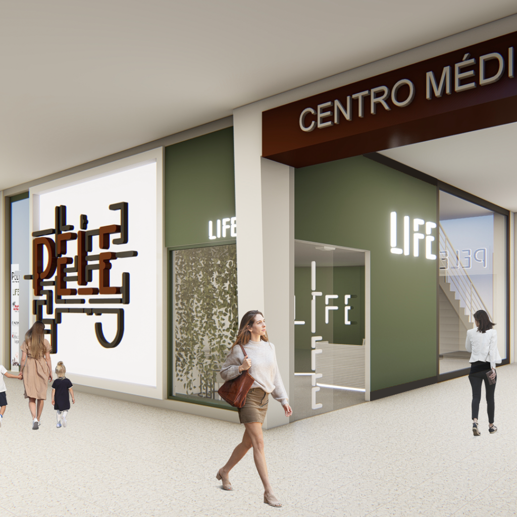 Imagem tridimensional apresentando a Perspetiva da entrada da clínica, no shopping no projeto Clínica Life, localizado em Alagoas, Brasil.