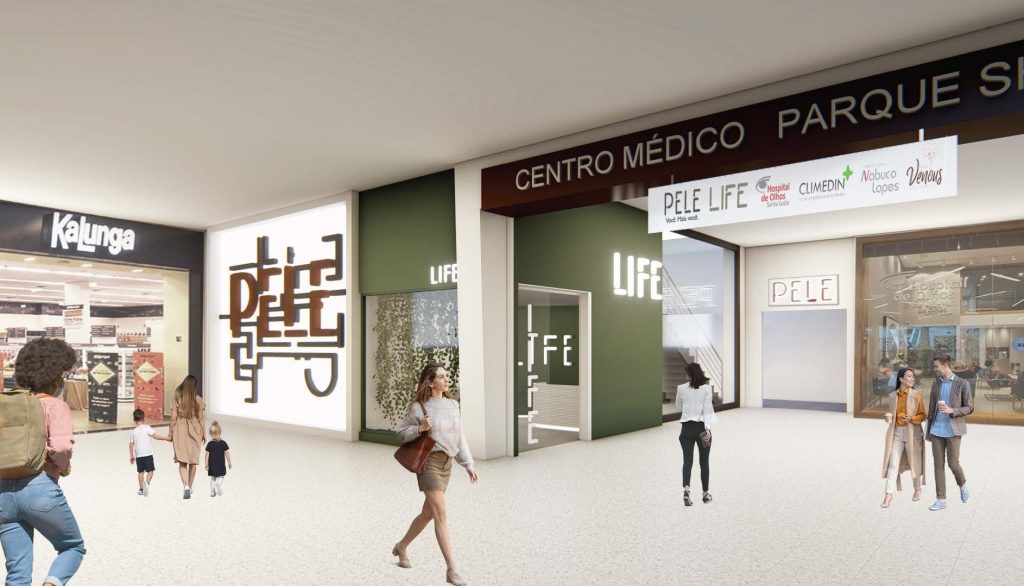 Imagem tridimensional apresentando a Perspetiva exterior da clínica, no shopping no projeto Clínica Life, localizado em Alagoas, Brasil.