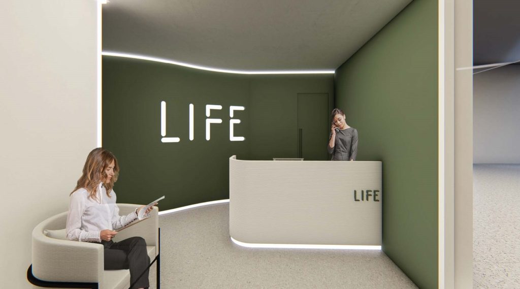 Imagem tridimensional apresentando o Perspetiva da recepção no projeto Clínica Life, localizado em Alagoas, Brasil.