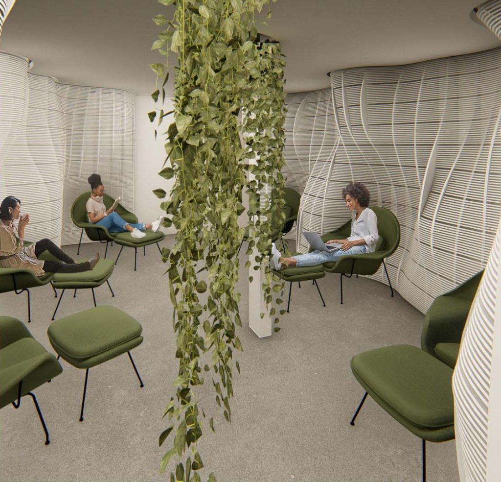 Imagem tridimensional apresentando o Perspectiva interior da sala de tratamentos no projeto Clínica Life, localizado em Alagoas, Brasil.
