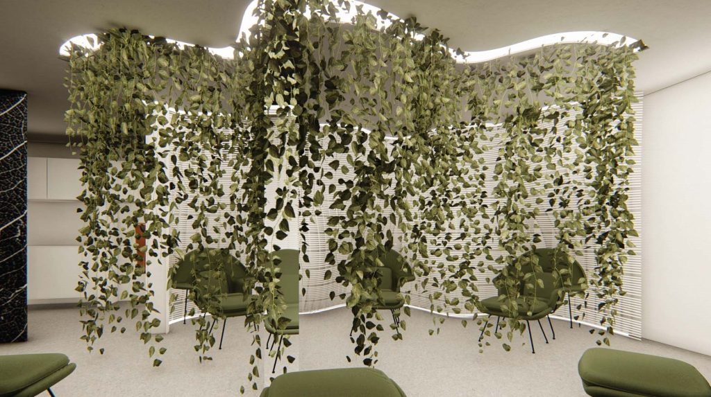 Imagem tridimensional apresentando o Design, iluminação e vegetação no projeto Clínica Life, localizado em Alagoas, Brasil.