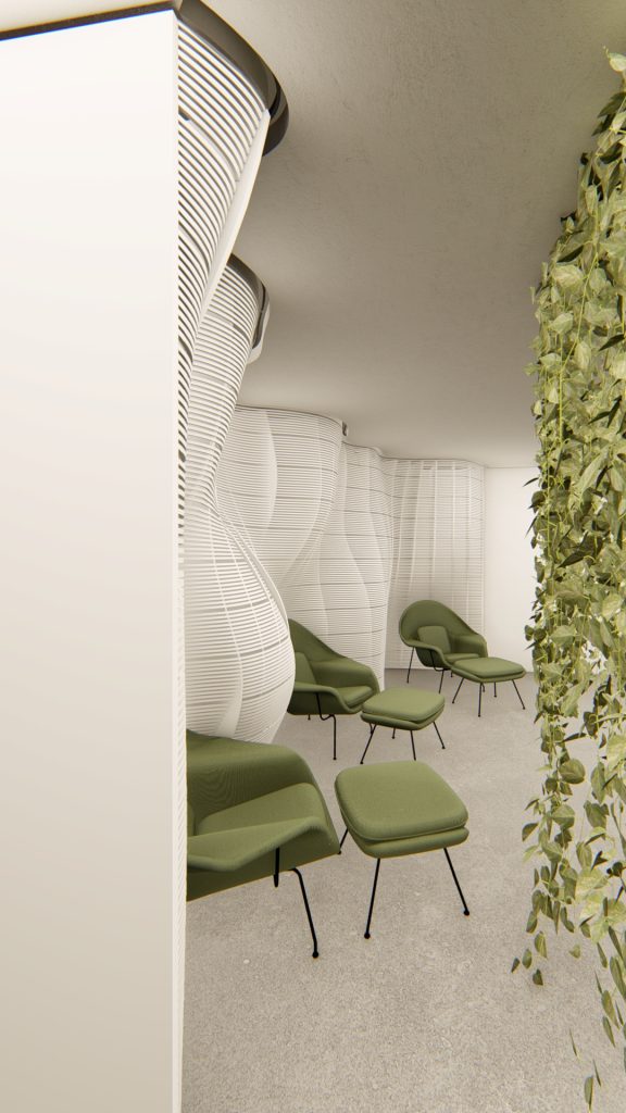 Imagem tridimensional apresentando o Painéis curvos e mobiliário da sala de tratamentos no projeto Clínica Life, localizado em Alagoas, Brasil.