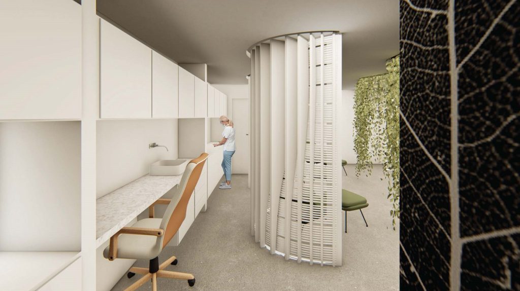 Imagem tridimensional apresentando o Sala de preparação e laboratório no projeto Clínica Life, localizado em Alagoas, Brasil.