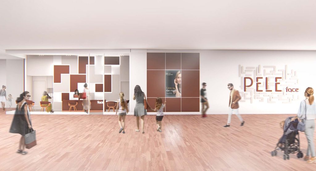 Imagem tridimensional apresentando o Exterior da clínica, no shopping no projeto Clínica Pele Face, localizado em São Paulo, Brasil.