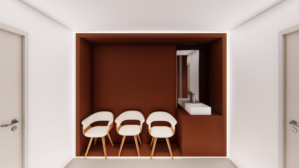 Imagem tridimensional apresentando a Área de preparação no projeto Clínica Pele Face, localizado em São Paulo, Brasil.