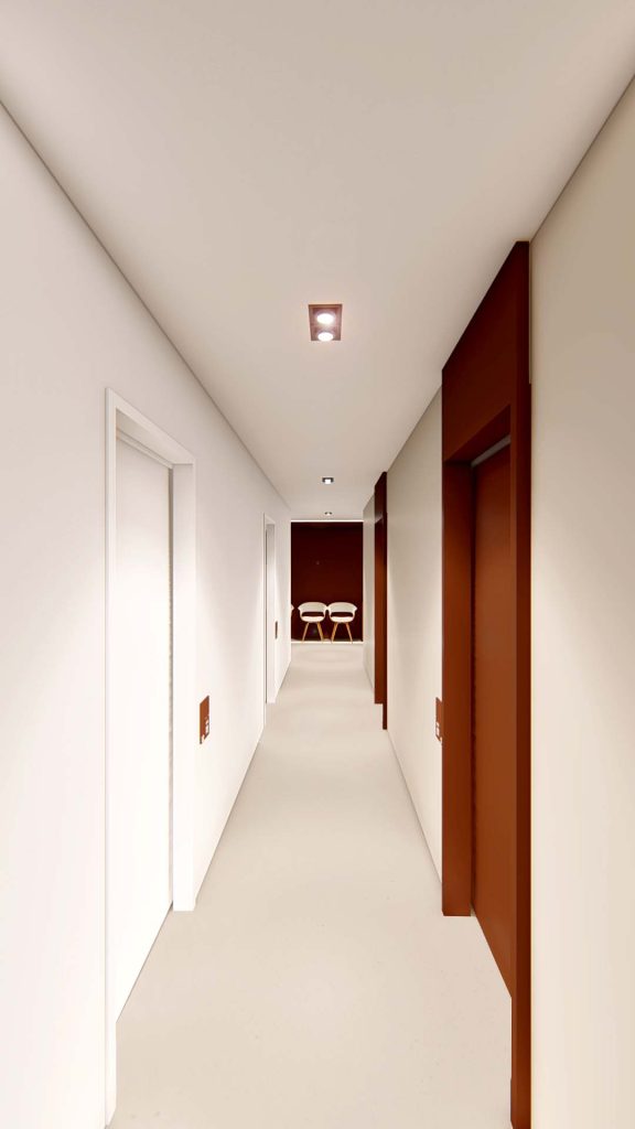 Imagem tridimensional apresentando o Corredor e acesso aos consultórios no projeto Clínica Pele Face, localizado em São Paulo, Brasil.