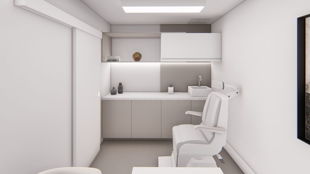 Imagem tridimensional apresentando o Consultório no projeto Clínica Pele Face, localizado em São Paulo, Brasil.