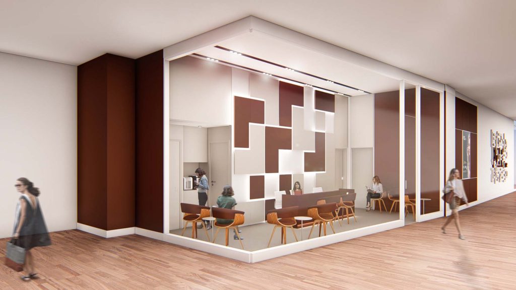 Imagem tridimensional apresentando a Perspetiva exterior da clínica no projeto Clínica Pele Face, localizado em São Paulo, Brasil.