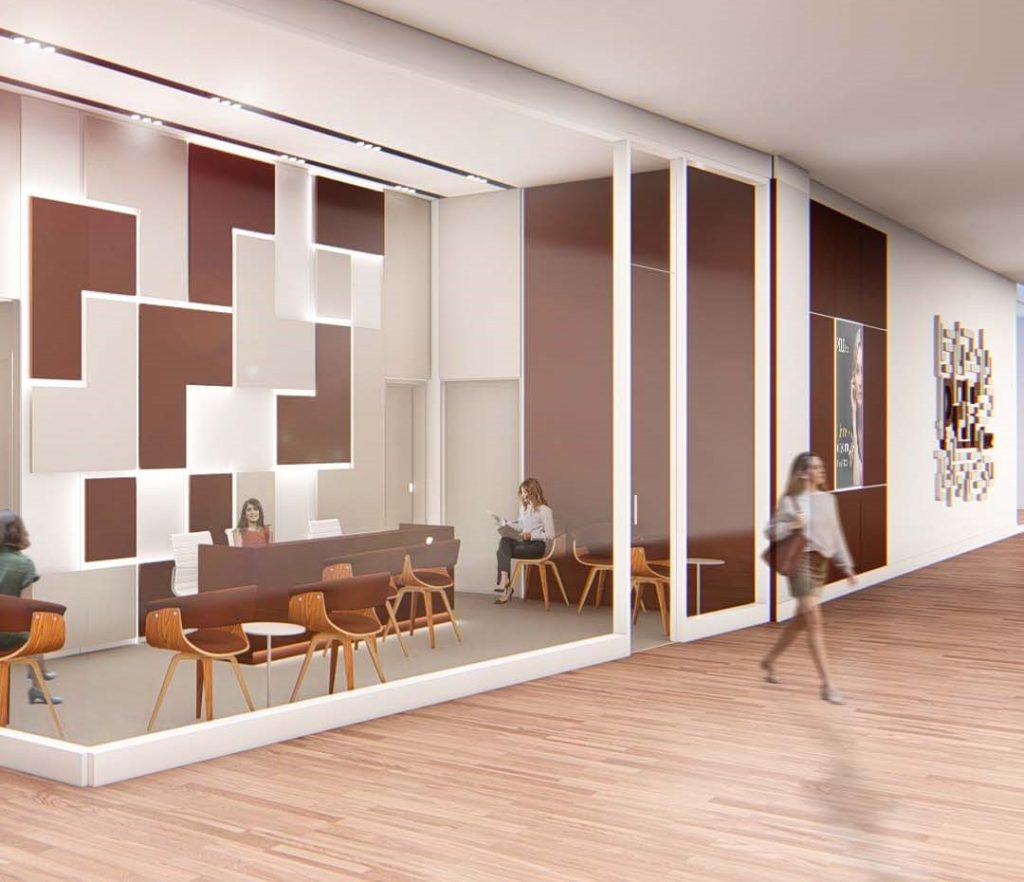 Imagem tridimensional apresentando a Perspetiva exterior da entrada da clínica no projeto Clínica Pele Face, localizado em São Paulo, Brasil.