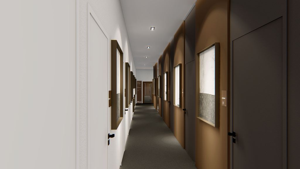 Imagem tridimensional apresentando a Perspectiva do corredor galeria no projeto Clínica Pele, localizado em Minas Gerais, Brasil.