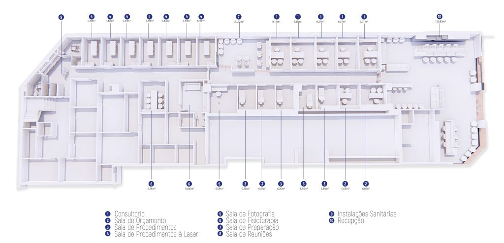 Axonometria apresentando a Disposição dos espaços e design no projeto Clínica Pele, localizado em Minas Gerais, Brasil.