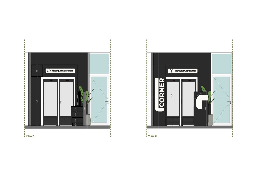Corte apresentando a Proposta e escala no projeto Corner Adecco, localizado em Lisboa, Portugal.