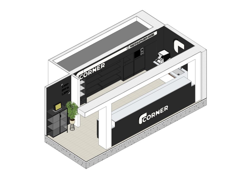 Axonometria apresentando a Disposição de frios, prateleiras e espaço da loja no projeto Corner Águas de Portugal, localizado em Lisboa, Portugal.