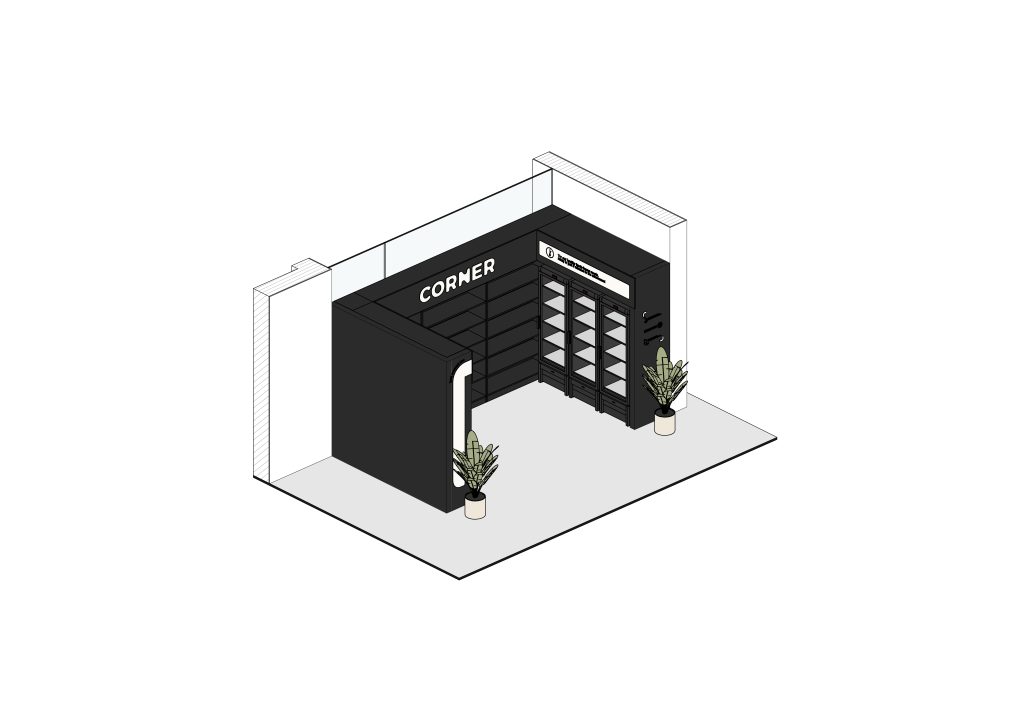 Axonometria apresentando a Disposição de frios e prateleiras no projeto Corner Bcp, localizado em Lisboa, Portugal.