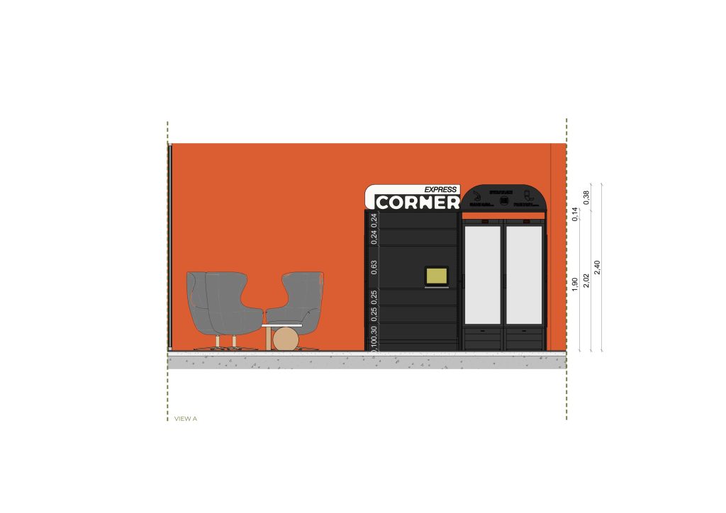 Corte apresentando a Proposta e escala no projeto Corner BNP - Landing Area, localizado em Lisboa, Portugal.