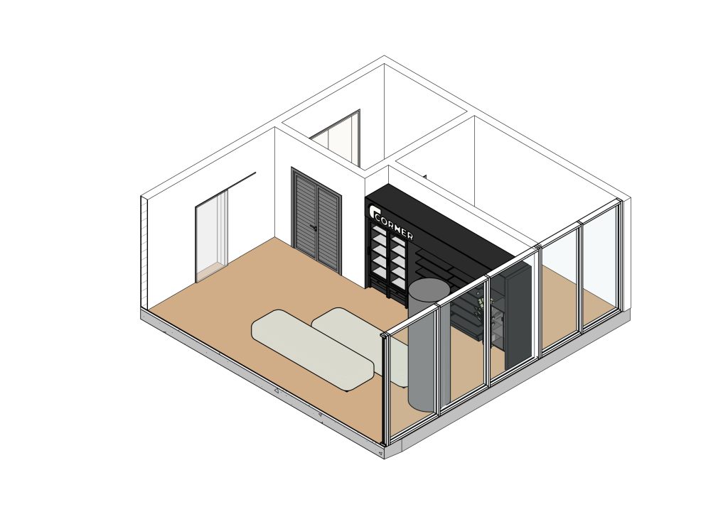 Axonometria apresentando a Disposição de frios, prateleiras e espaço da loja no projeto Corner BNP - Multipurpose - B, localizado em Lisboa, Portugal.