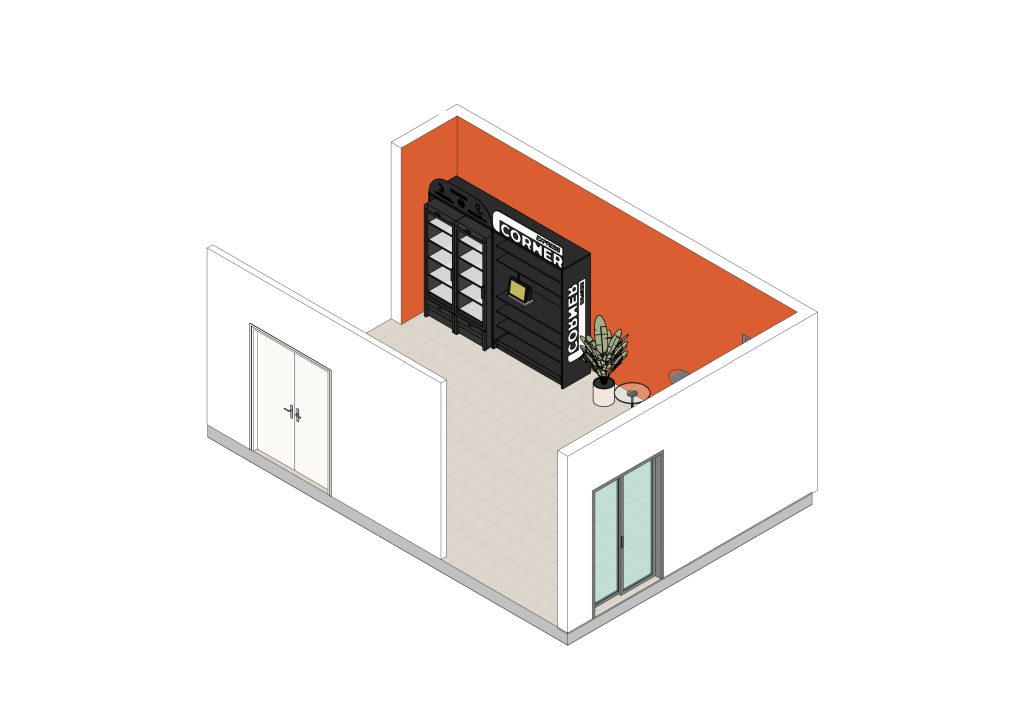 Axonometria apresentando a Disposição de frios, prateleiras e espaço da loja no projeto Corner BNP - Training Rooms - B, localizado em Lisboa, Portugal.